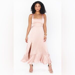 Show Me Your Mumu Claire Midi Dress Rose Gold Lux Satin Sz Small